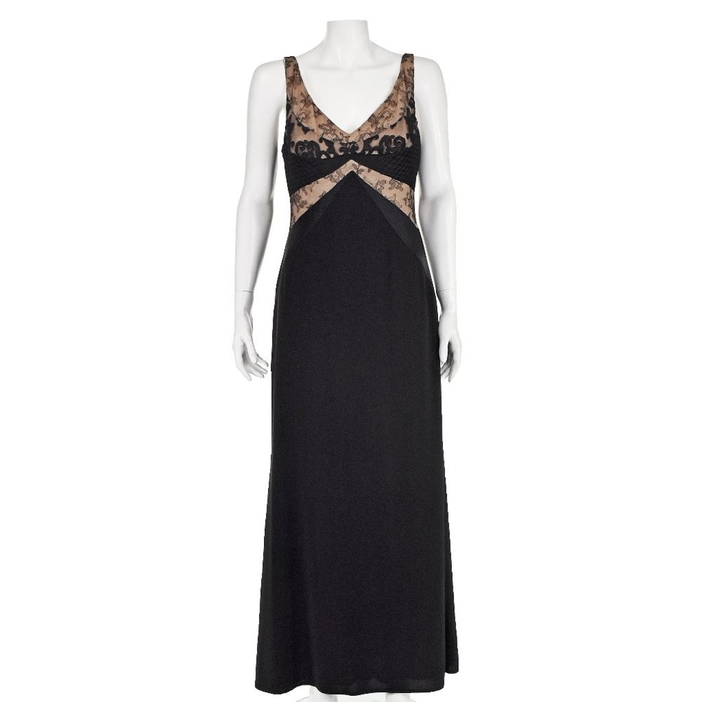 BADGLEY MISCHKA Vintage Black Lace, Satin, Crepe Long Evening Dress SIZE 8